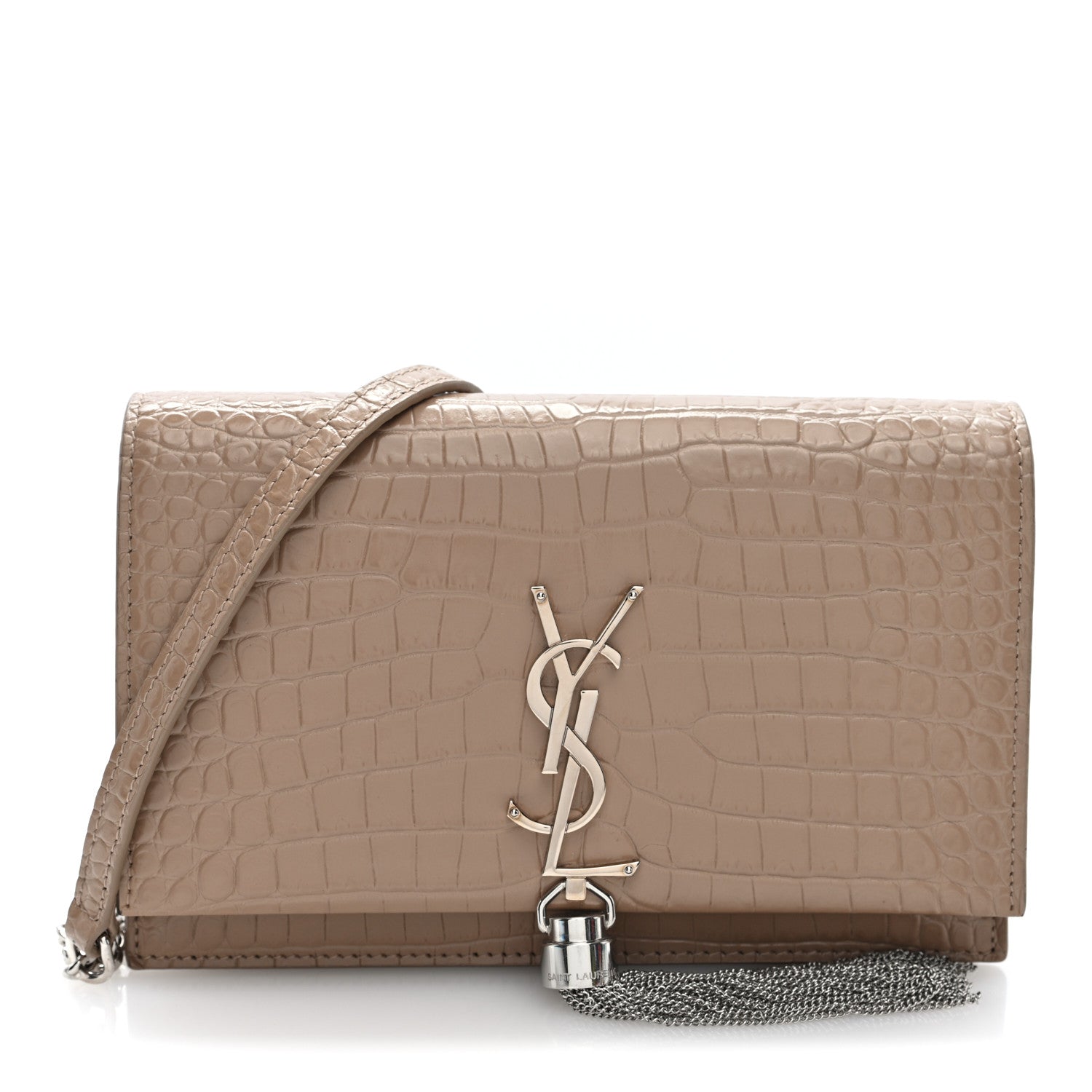 Saint Laurent Calfskin Crocodile Embossed Kate Monogram Tassel Chain Wallet Dark Beige Dark Beige 1 of 9