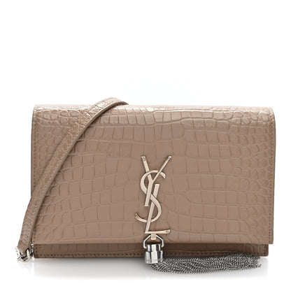 Saint Laurent Calfskin Crocodile Embossed Kate Monogram Tassel Chain Wallet Dark Beige Dark Beige 1 of 9