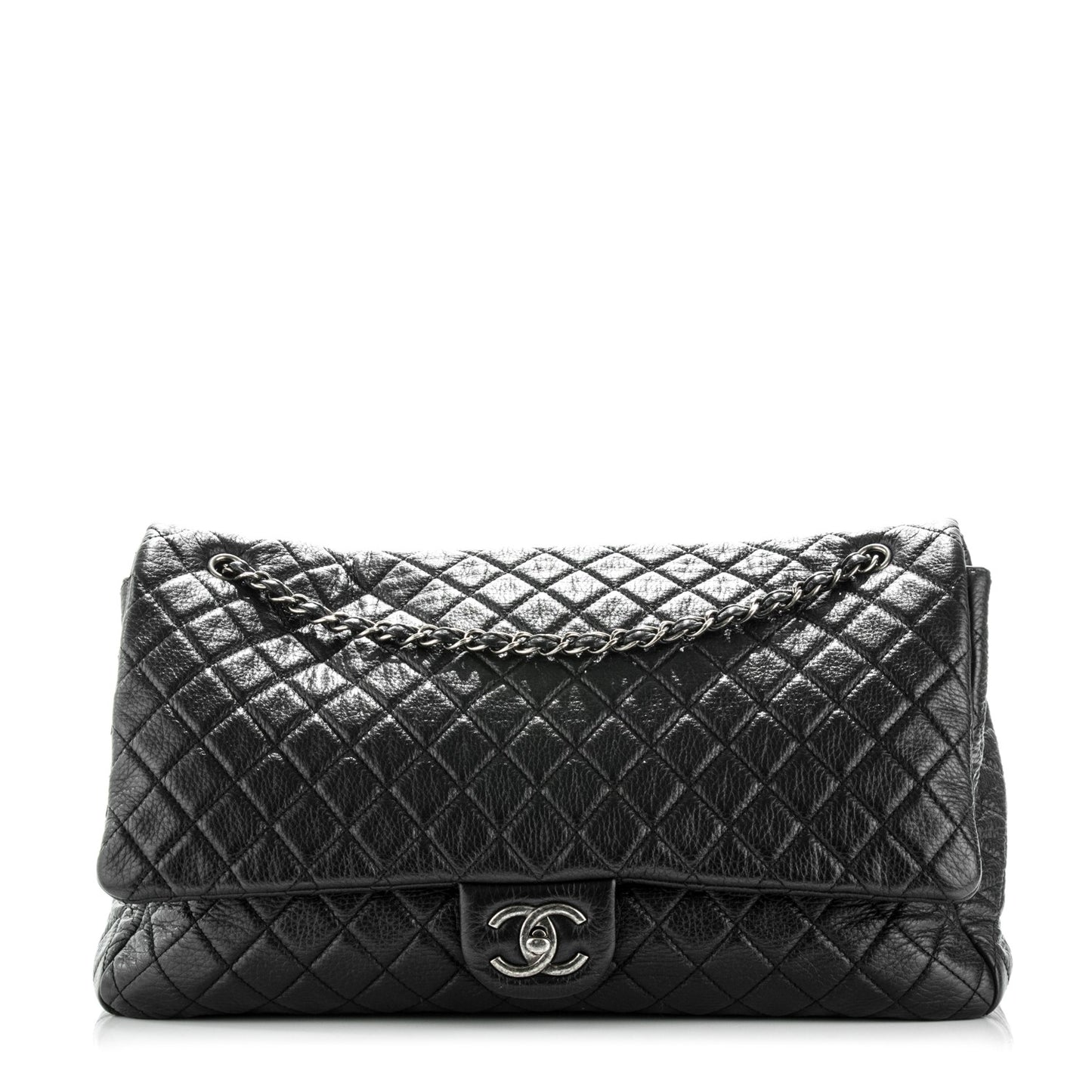 Calfskin Quilted XXL Travel Flap Bag Black