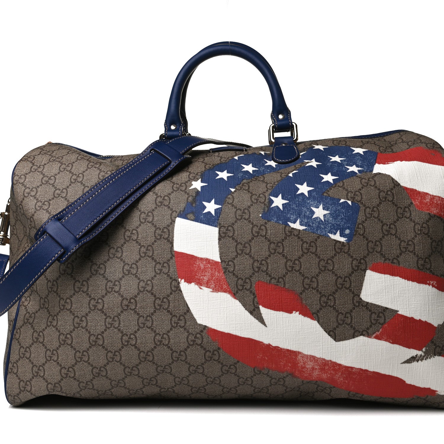 Gucci GG Plus Monogram Large Boston USA Flag Unicef Duffle Blue 8 of 11