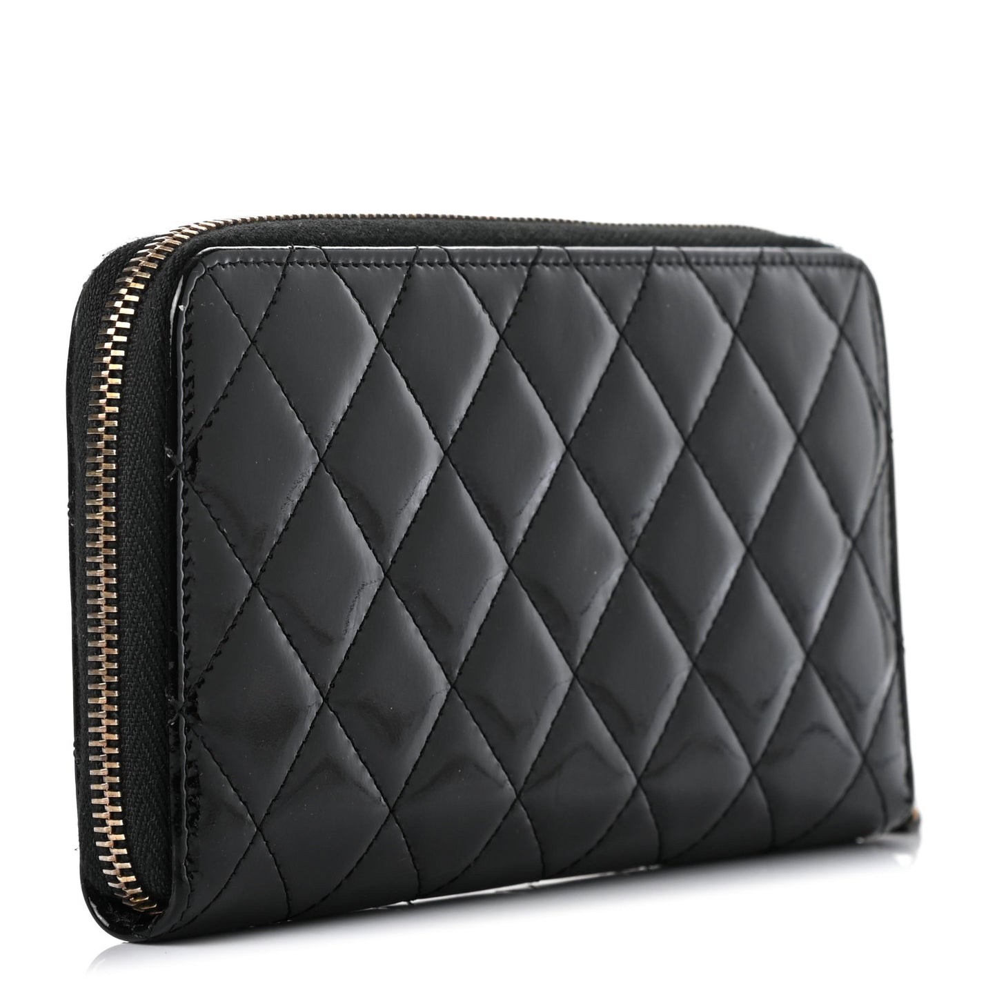 Patent Quilted Large Gusset Zip Around Wallet Black