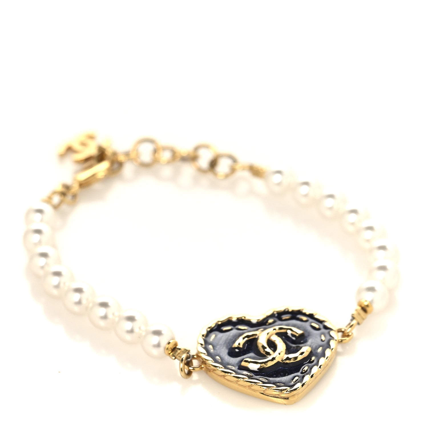 Chanel Metal Denim CC Heart Bracelet Gold Blue Pearly White 1 of 5