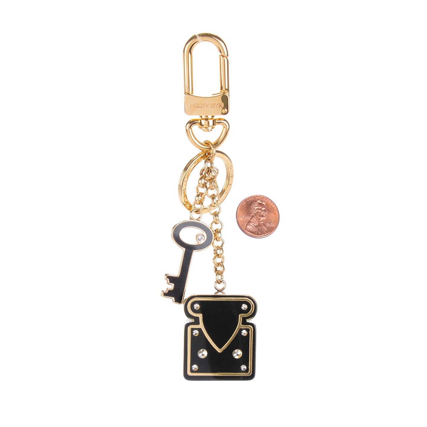 Crystal LV Lock Key Holder Bag Charm Black