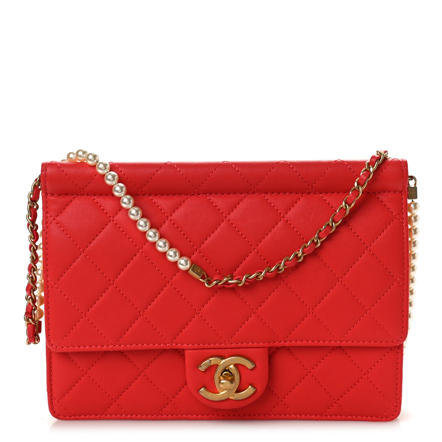 Chanel Lambskin Quilted Large Pearl Chain Flap Bag Red 1 of 10