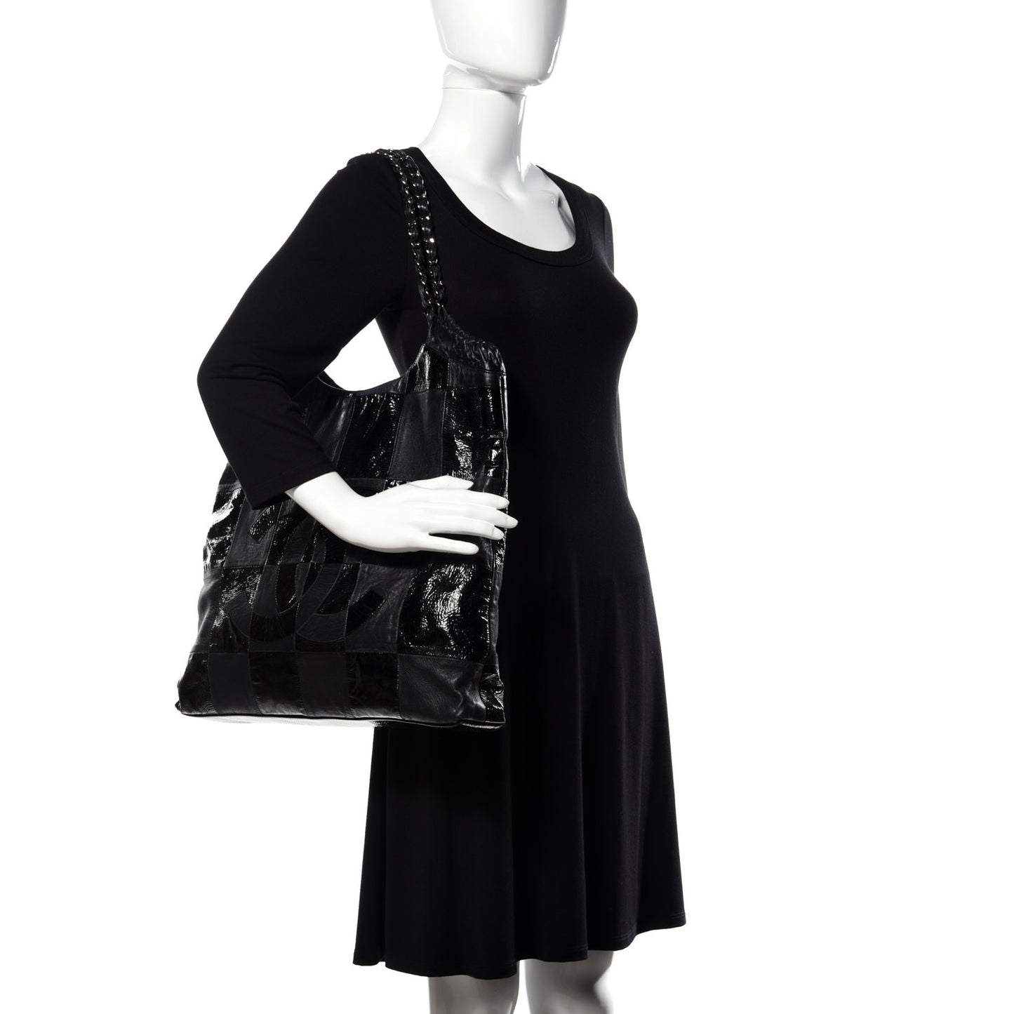 Patent Calfskin Patchwork Brooklyn Tote Black