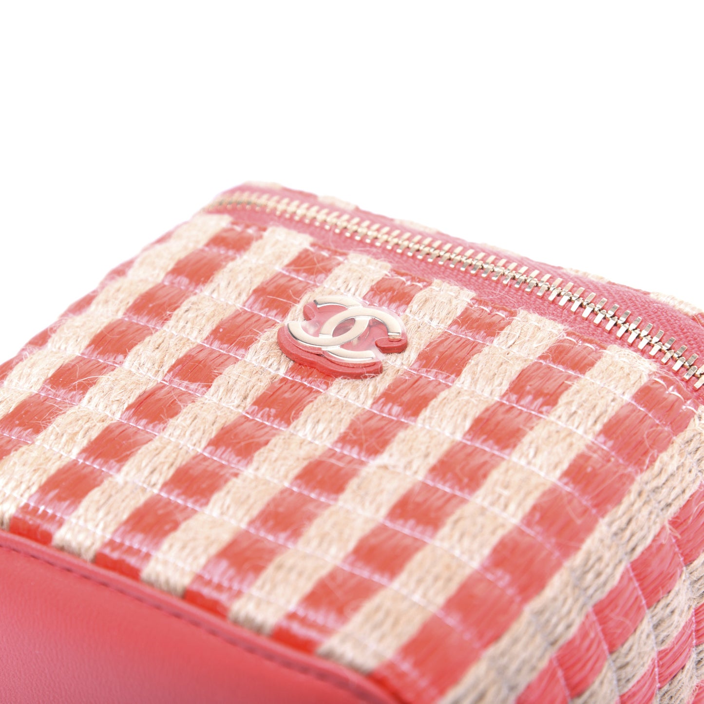 Raffia Jute Striped Mini Vanity Case With Chain Red Beige