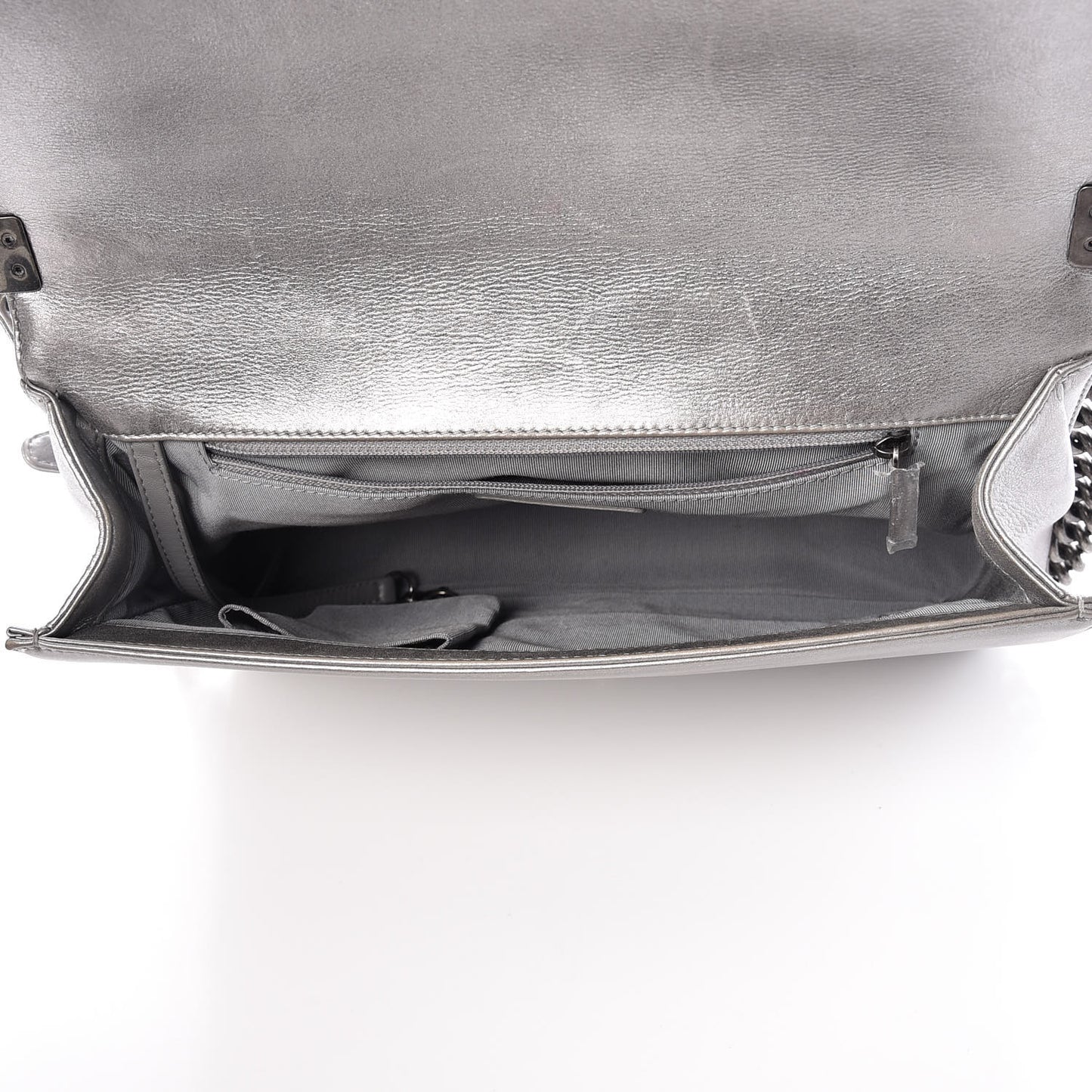 Metallic Calfskin Quilted Large Boy Flap Silver