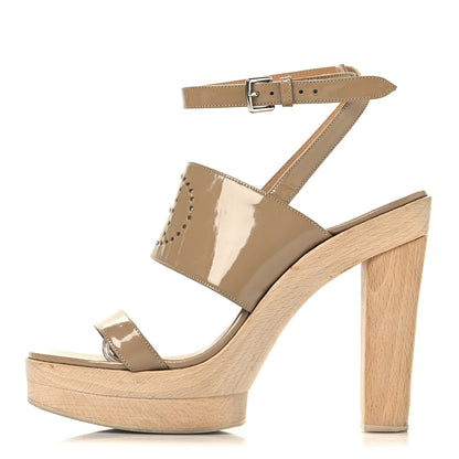 Hermes Patent Calfskin Perforated H Platform Sandals 37 Beige 1 of 9