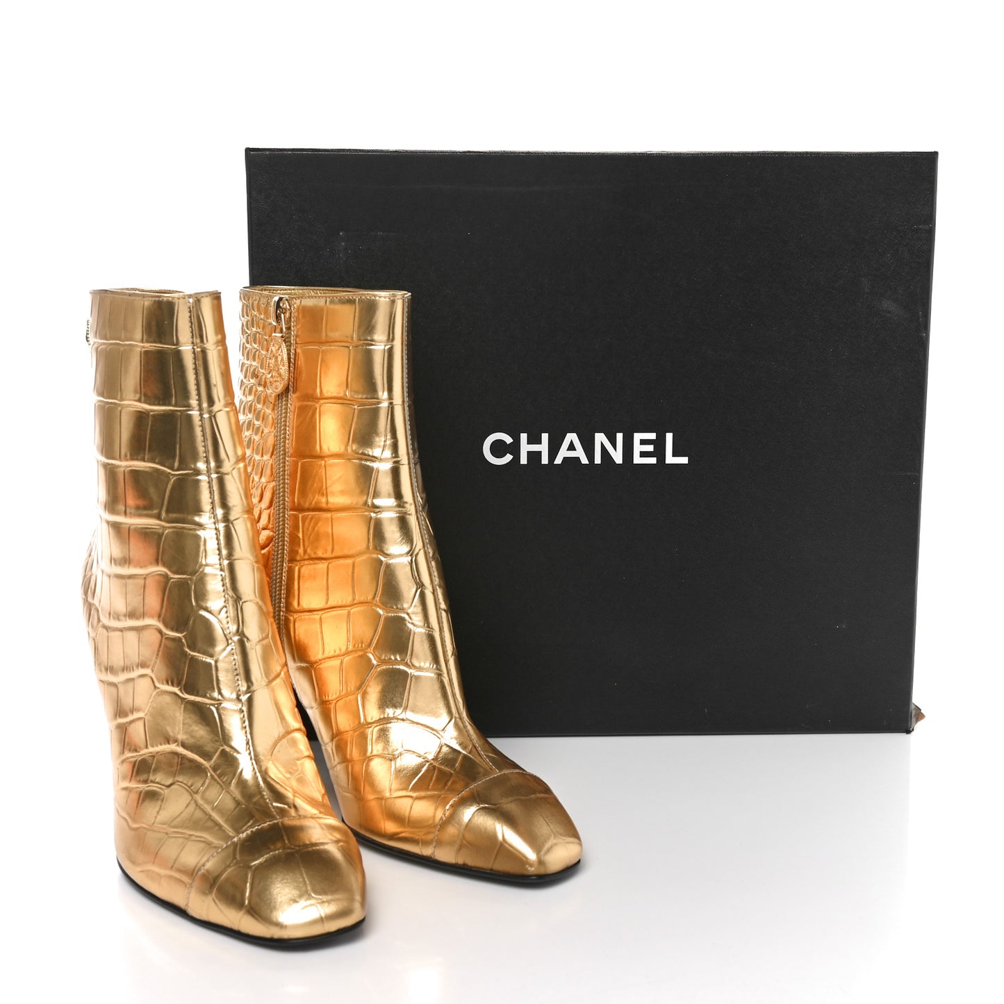 Calfskin Crocodile Embossed Cap Toe Ankle Boots 38 Gold