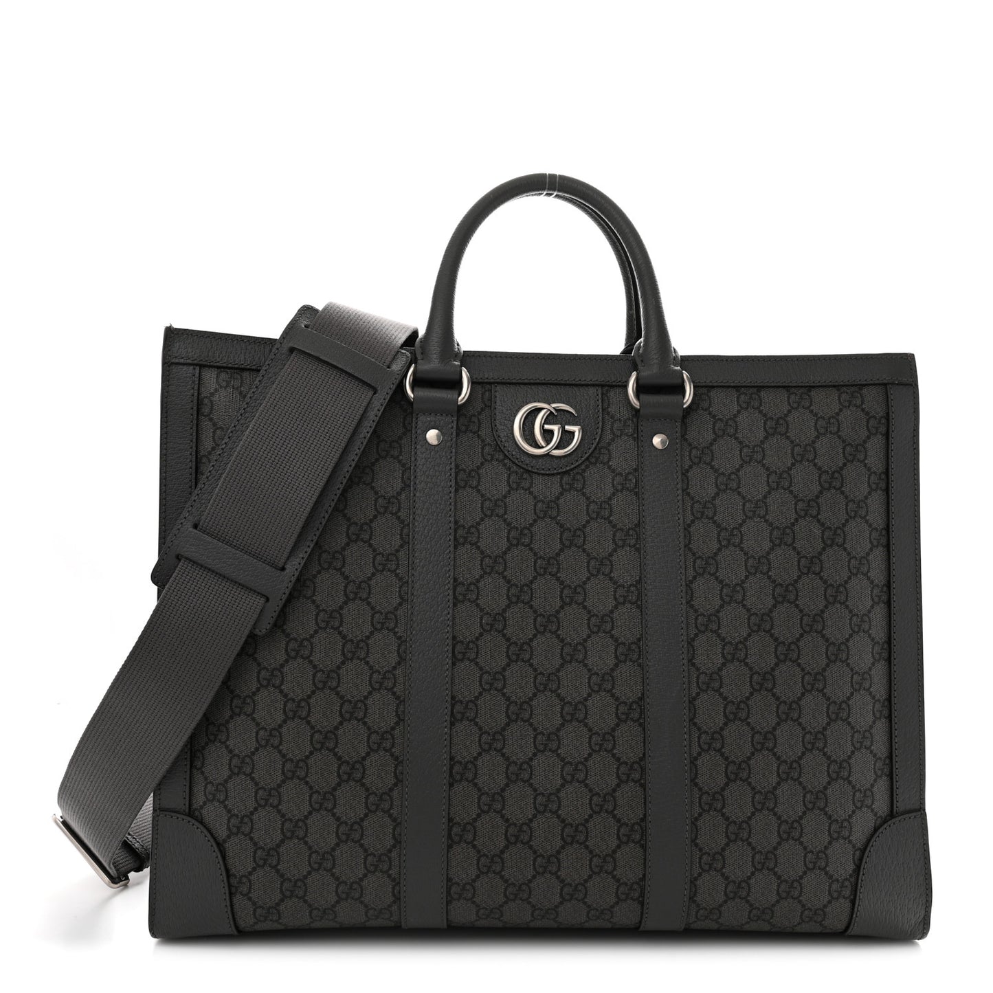 GG Supreme Monogram Textured Dollar Calfskin Large Ophidia Tote Bag Grey Black Graphite Grey