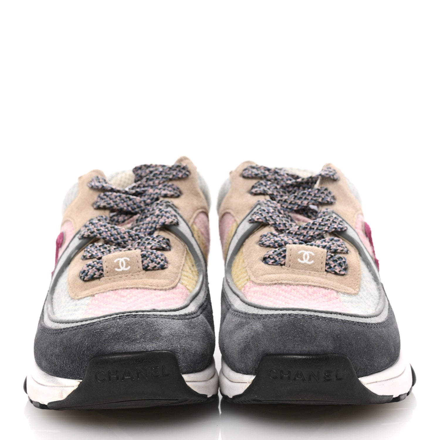 Chanel Fabric Suede Calfskin CC Sneakers 36 Pink Beige Multicolor 3 of 9