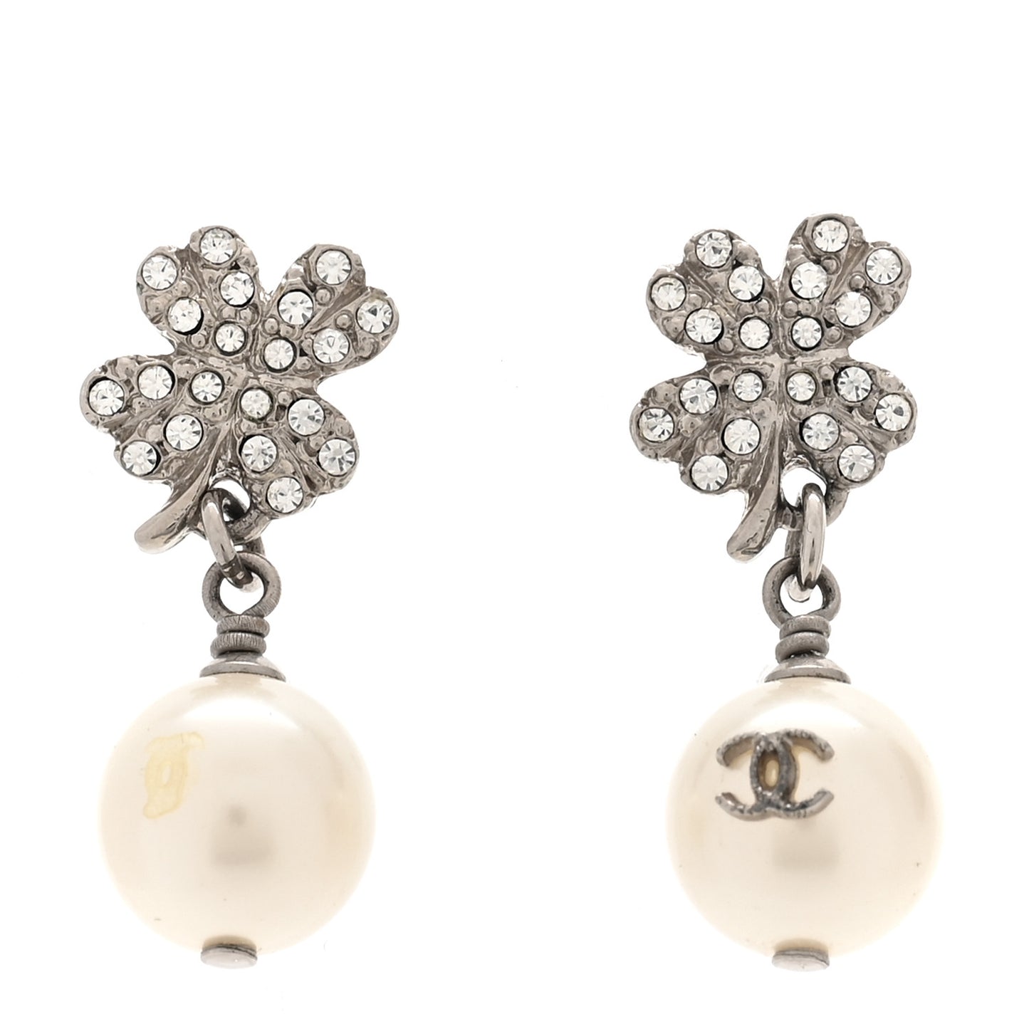 Crystal Pearl CC Clover Drop Earrings Silver