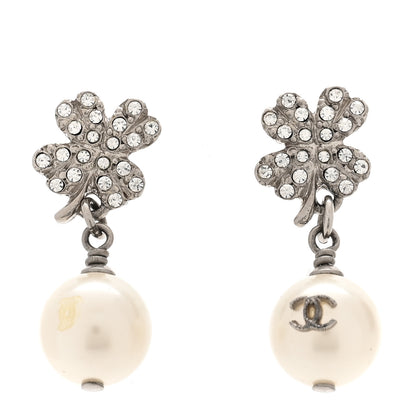 Chanel Crystal Pearl CC Clover Drop Earrings Silver 1 of 5