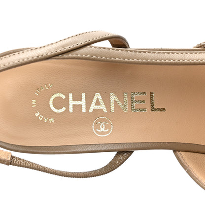 Chanel Lambskin Patent Calfskin Quilted Cap Toe CC Slingback Pumps 38 Beige Black 7 of 8