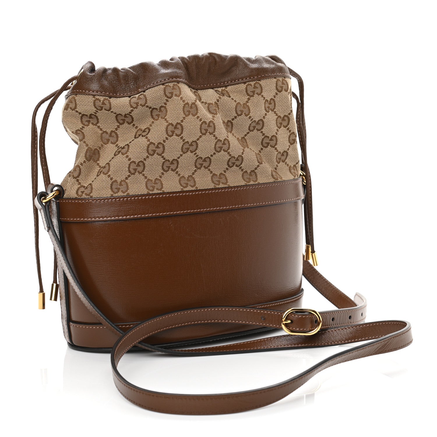 Gucci Monogram Textured Calfskin Horsebit 1955 Drawstring Bucket Bag Beige Brown Sugar 3 of 10