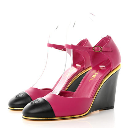 Chanel Lambskin Cap Toe Open Wedge 39 Fuchsia Black 3 of 12