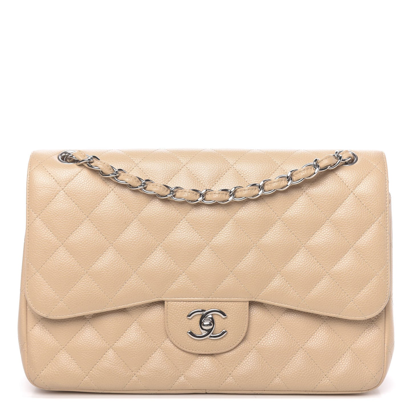 Caviar Quilted Jumbo Double Flap Beige