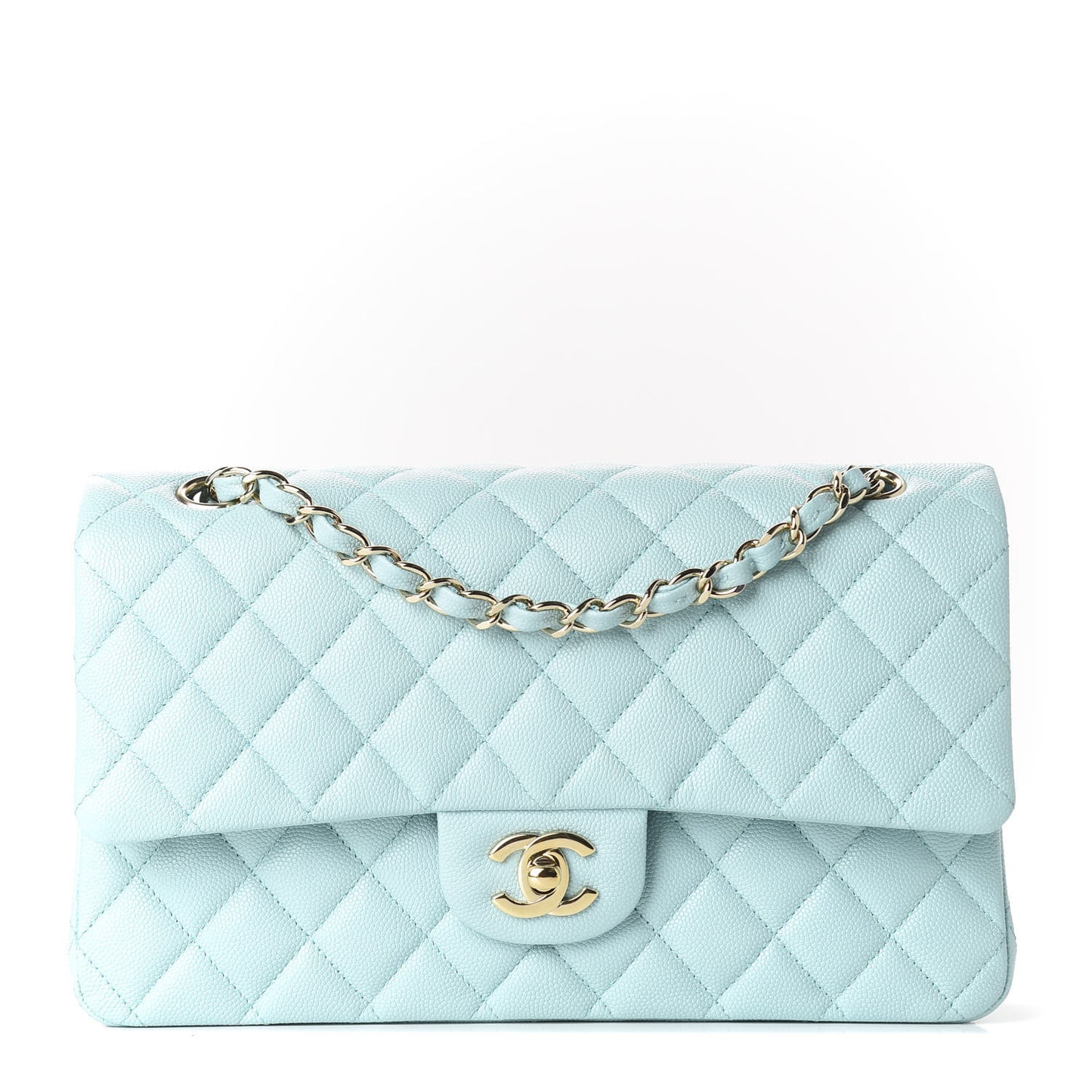 Caviar Quilted Medium Double Flap Light Blue
