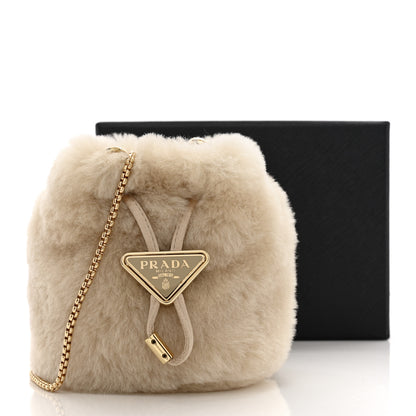 Prada Shearling Metal Triangle Logo Mini Drawcord Pouch Shoulder Bag Ecru 11 of 11