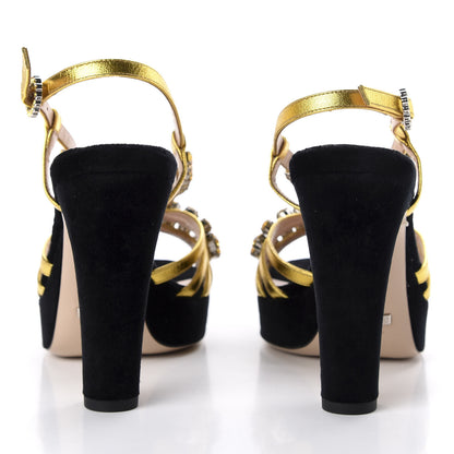Gucci Velvet Nappa Crystal Zephyra Slingback Platform High Heel Sandals 36 Black Gold 6 of 9