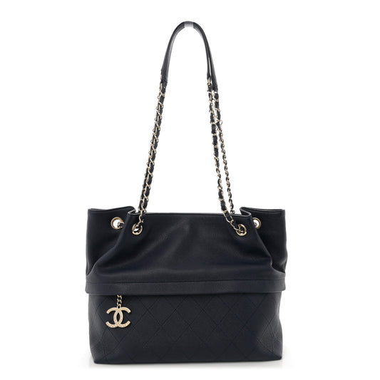 Crumpled Grained Calfskin Zip and Carry Shopping Tote Navy