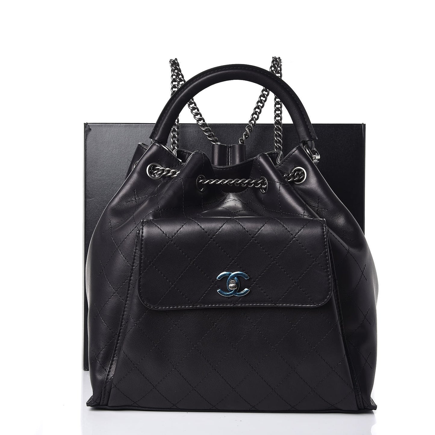 Calfskin Stitched Large Urban Luxury Drawstring Backpack Black