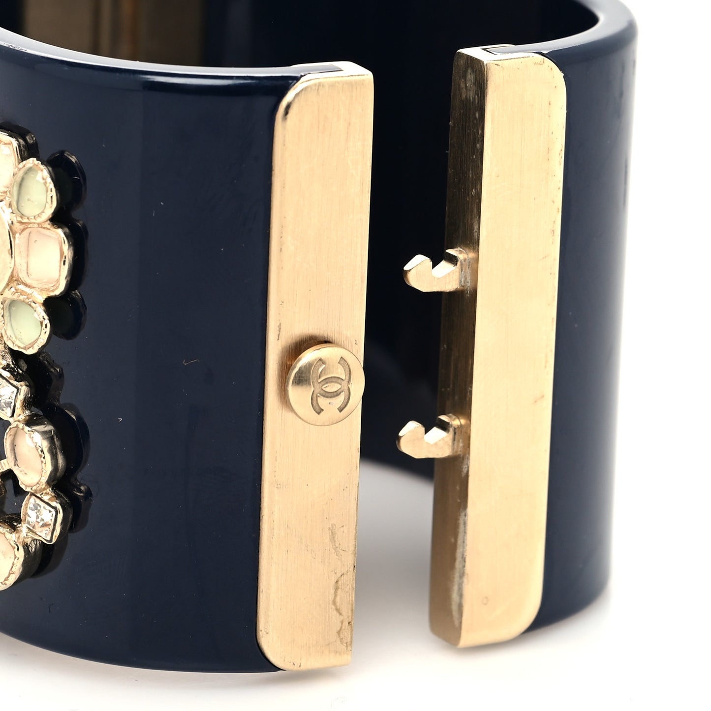 Resin Enamel Crystal Pearl Floral Logo CC Cabochon Cuff Black Multicolor