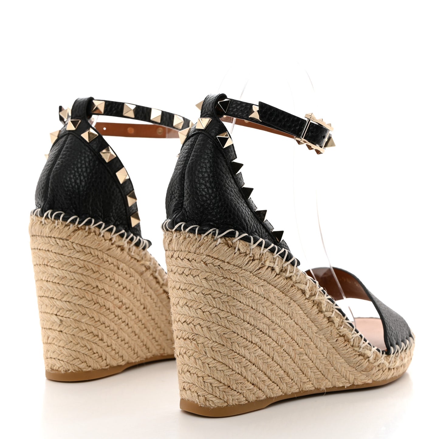 Grained Calfskin Rockstud Ankle Strap Espadrille 15/105mm Wedge Sandals 39 Black Light Cuir Natural