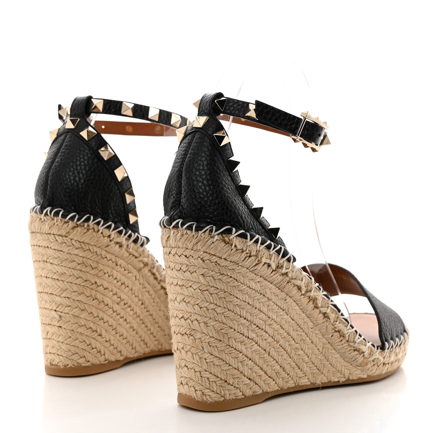 Valentino Garavani Grained Calfskin Rockstud Ankle Strap Espadrille 15/105mm Wedge Sandals 39 Black Light Cuir Natural 4 of 9