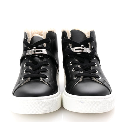 Hermes Calfskin Shearling High-Top Day Sneakers 37.5 Black Ecru 3 of 9