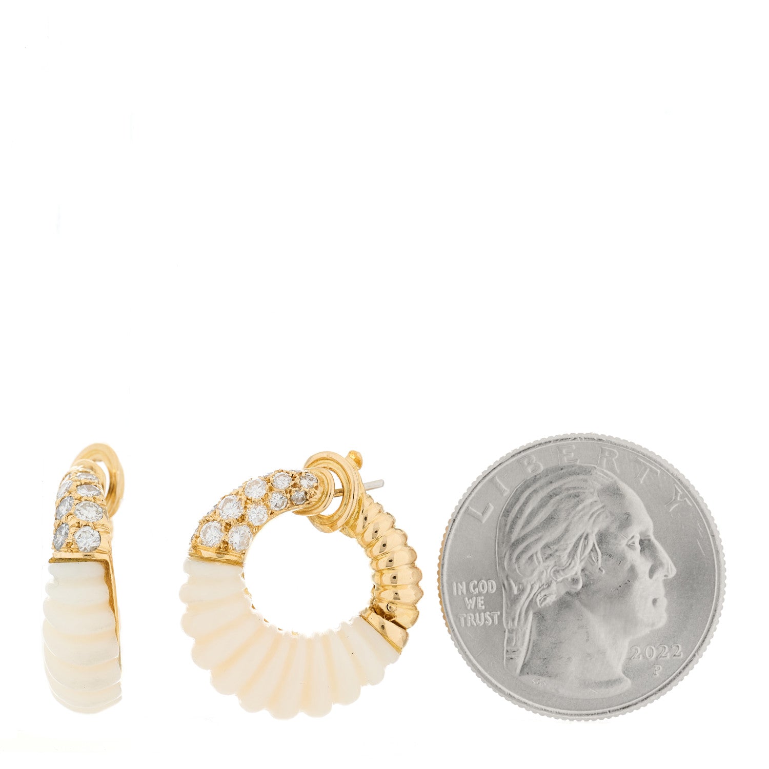 Van Cleef & Arpels 18K Yellow Gold Diamond White Coral Creole Hoop Earrings 2 of 5