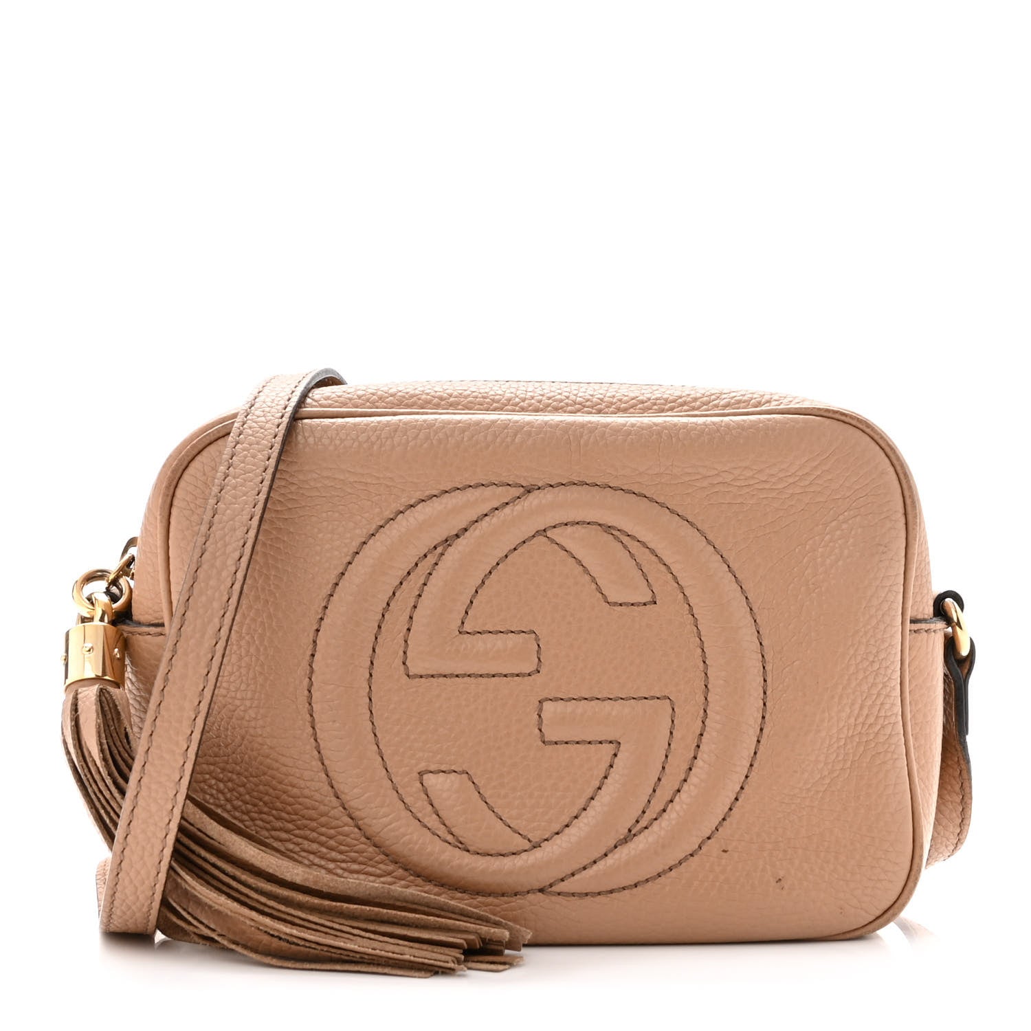 this is an image by fashionphile of a beige gucci soho disco bag in the color camelia