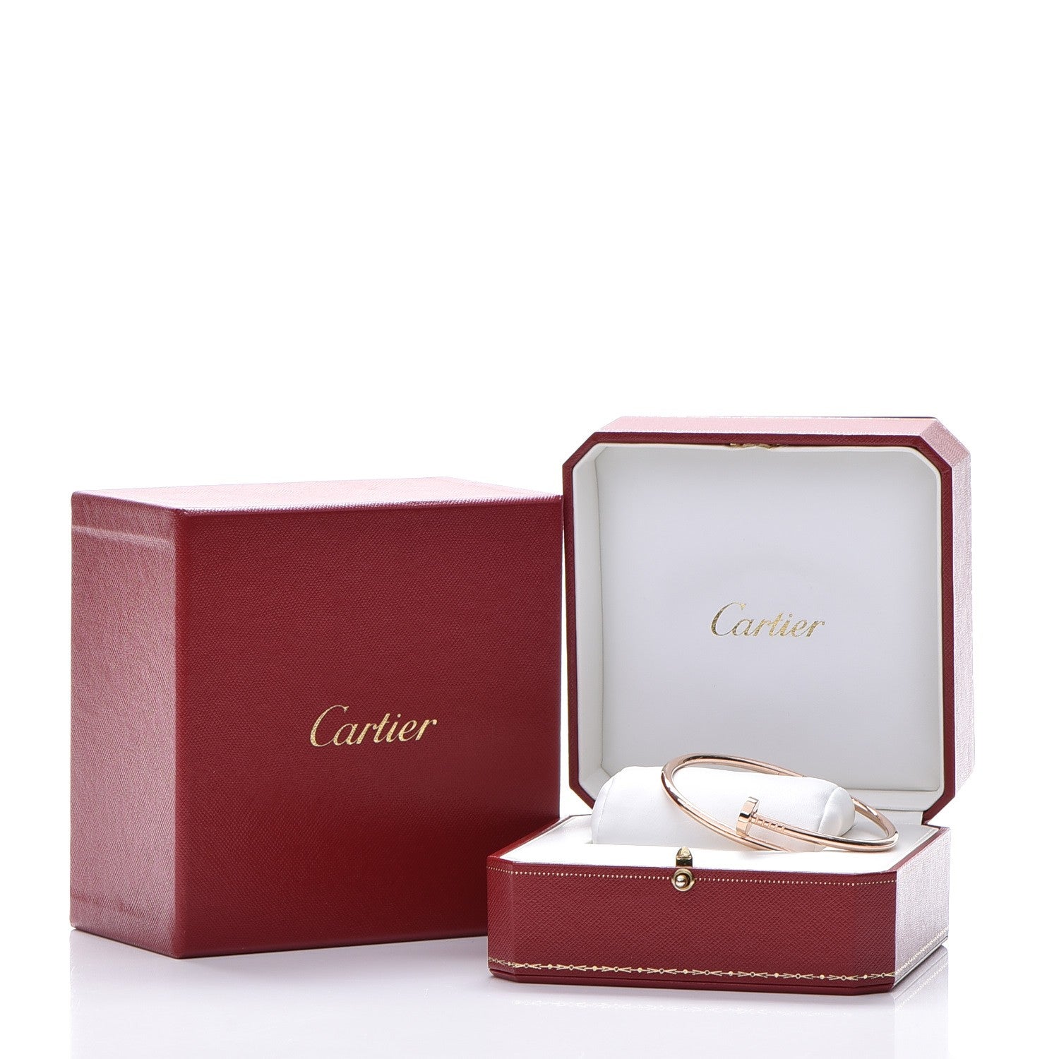 Cartier 18K Pink Gold Juste Un Clou Bracelet 19 in an open Cartier case