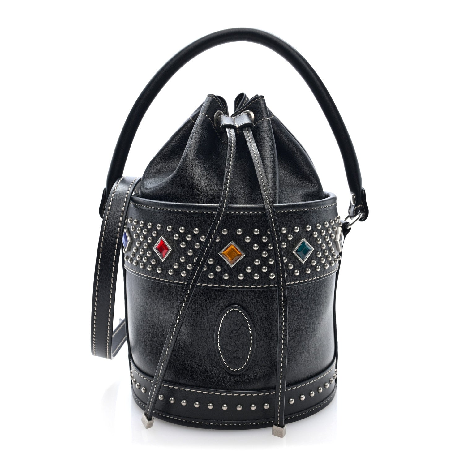 Saint Laurent Smooth Calfskin Studded Small Bahia Drawstring Bucket Bag Black Multicolor 1 of 9
