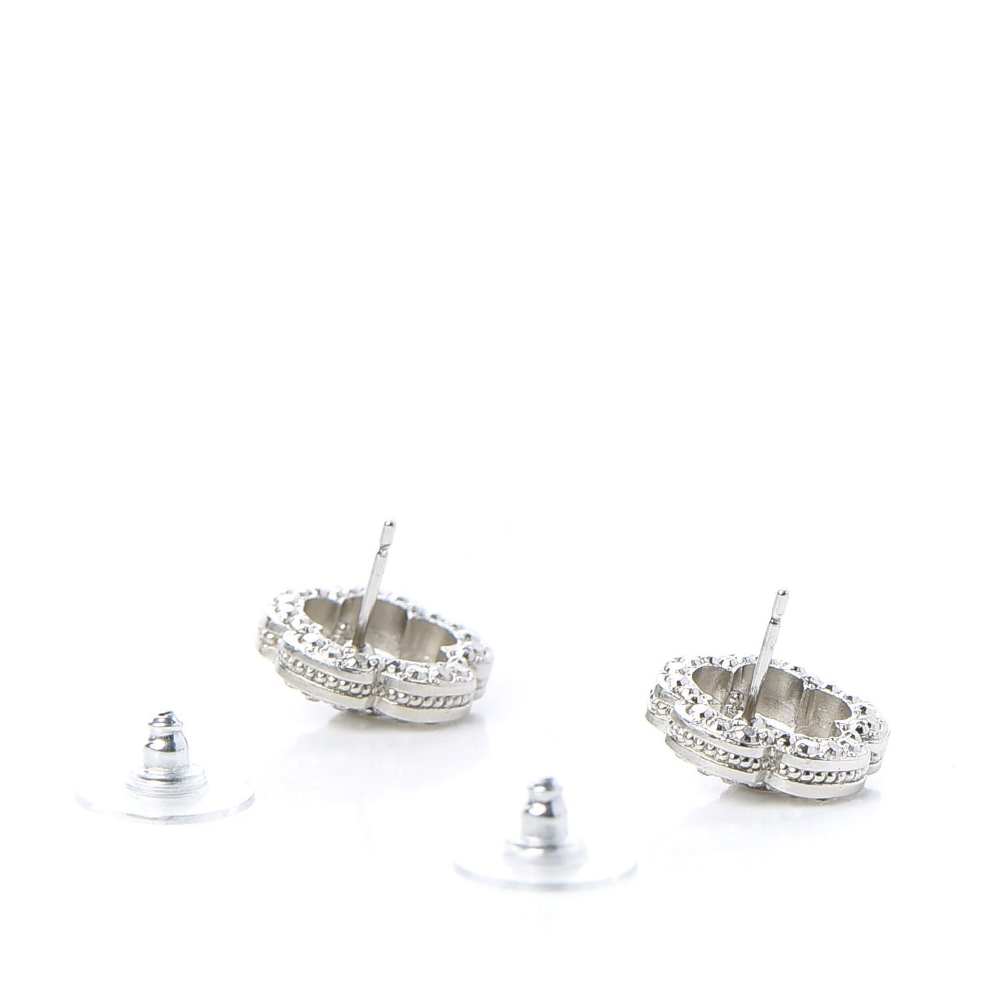 Crystal Coco Flapper Camellia CC Stud Earrings Silver
