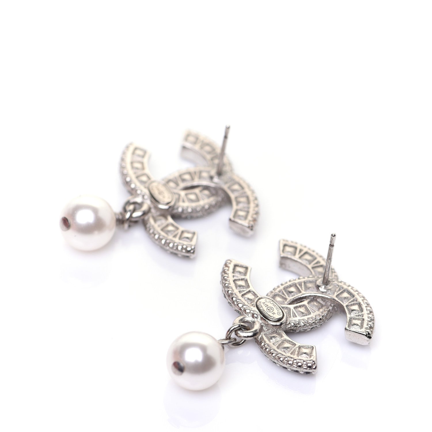 Chanel Baguette Crystal Pearl CC Drop Earrings Silver Black 3 of 8