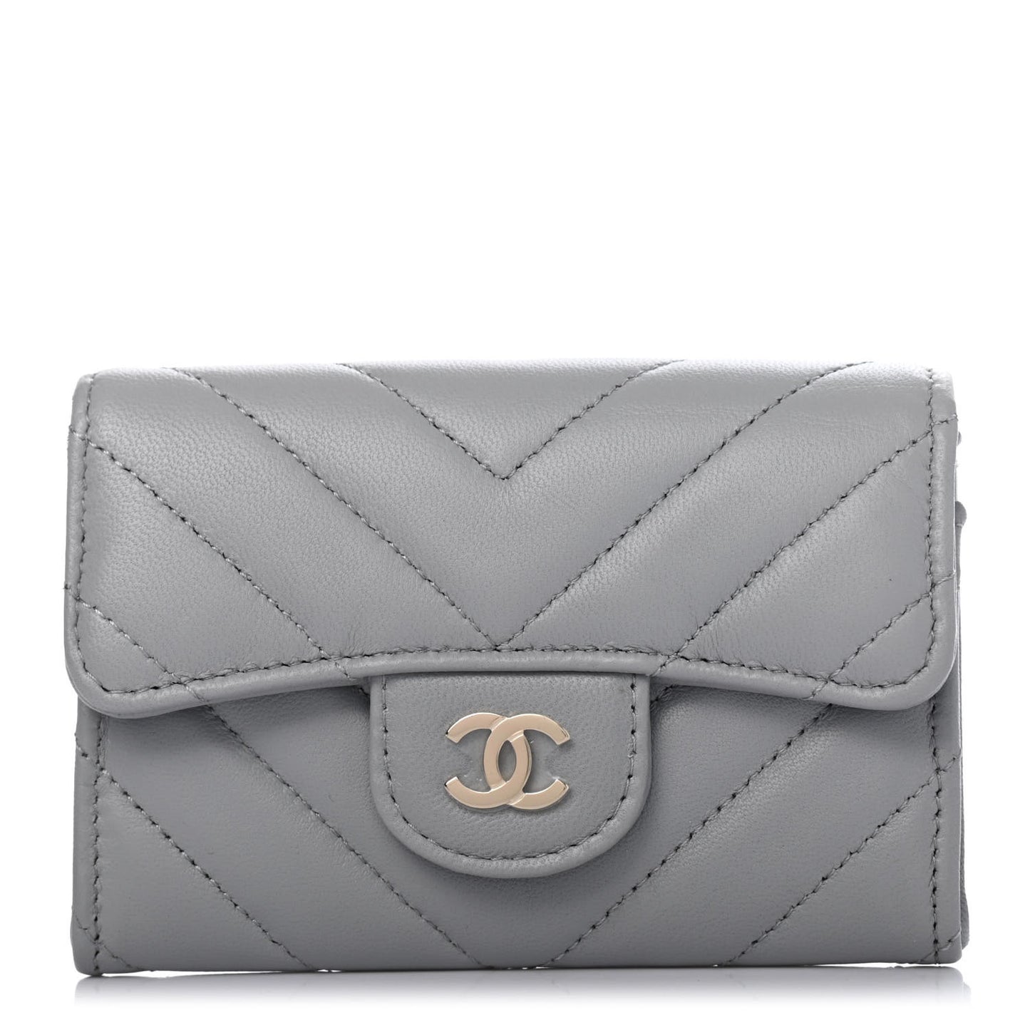 Lambskin Chevron Quilted Flap Card Holder Grey