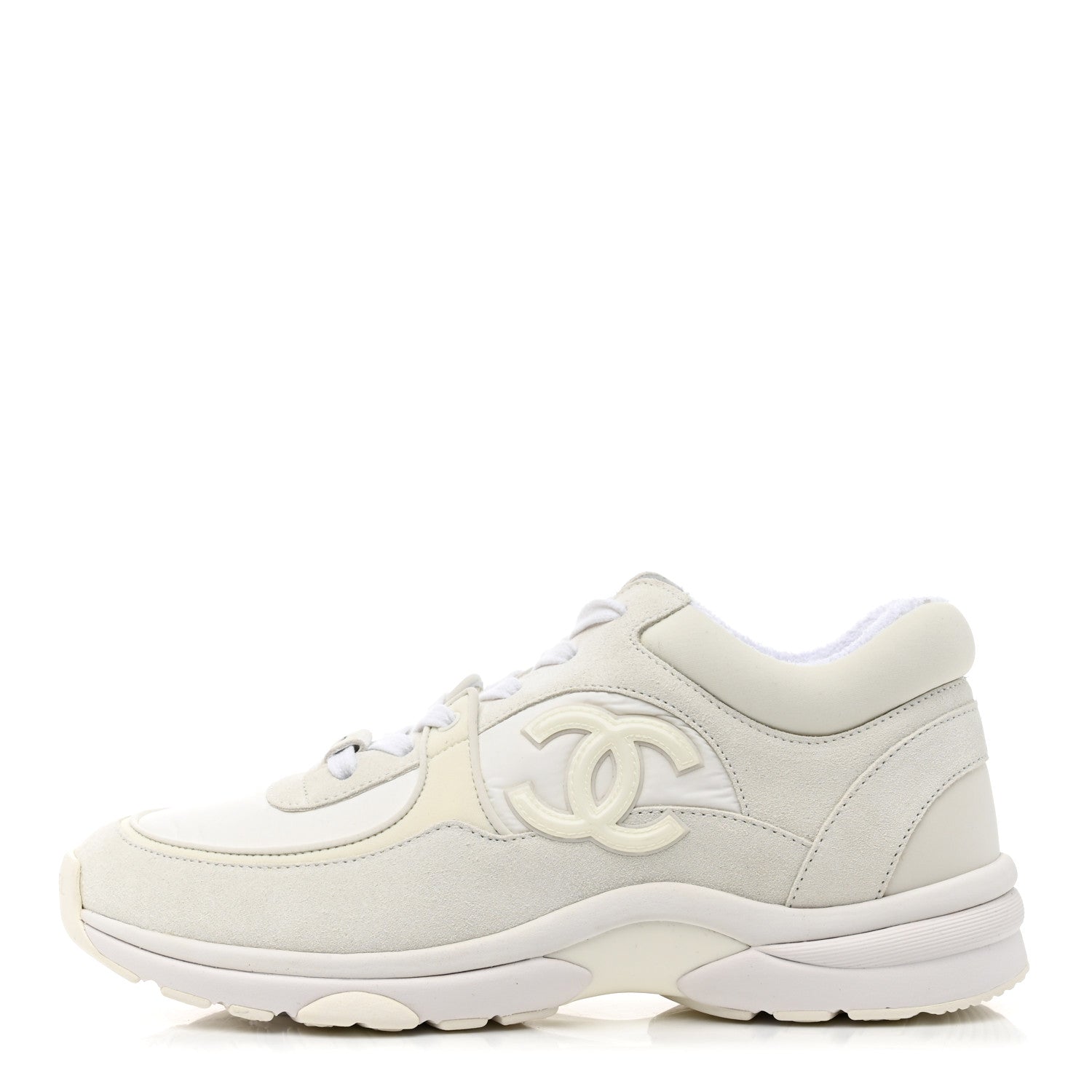 Chanel Suede Calfskin Fabric CC Sneakers 37.5 White 1 of 9