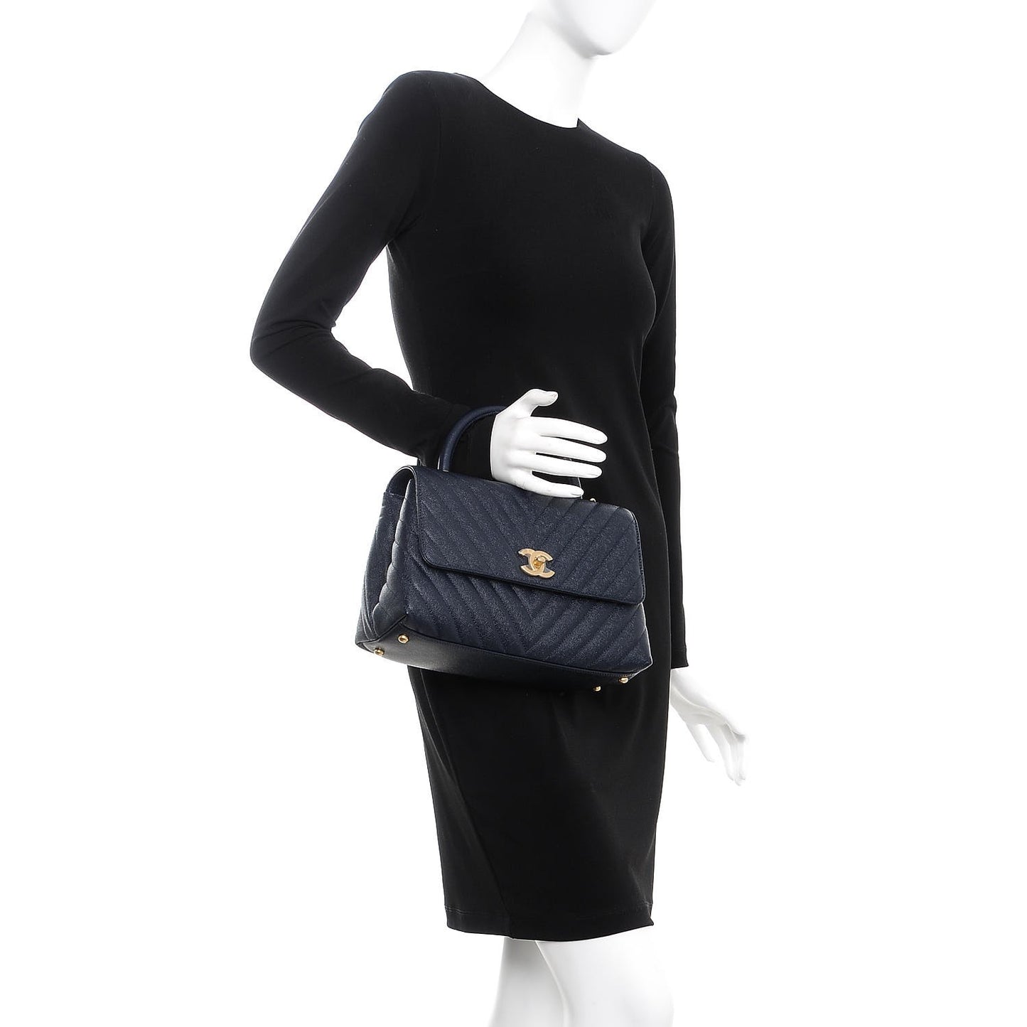 Caviar Chevron Quilted Small Coco Handle Flap Navy