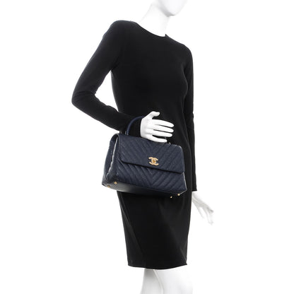 Chanel Caviar Chevron Quilted Small Coco Handle Flap Navy 3 of 11