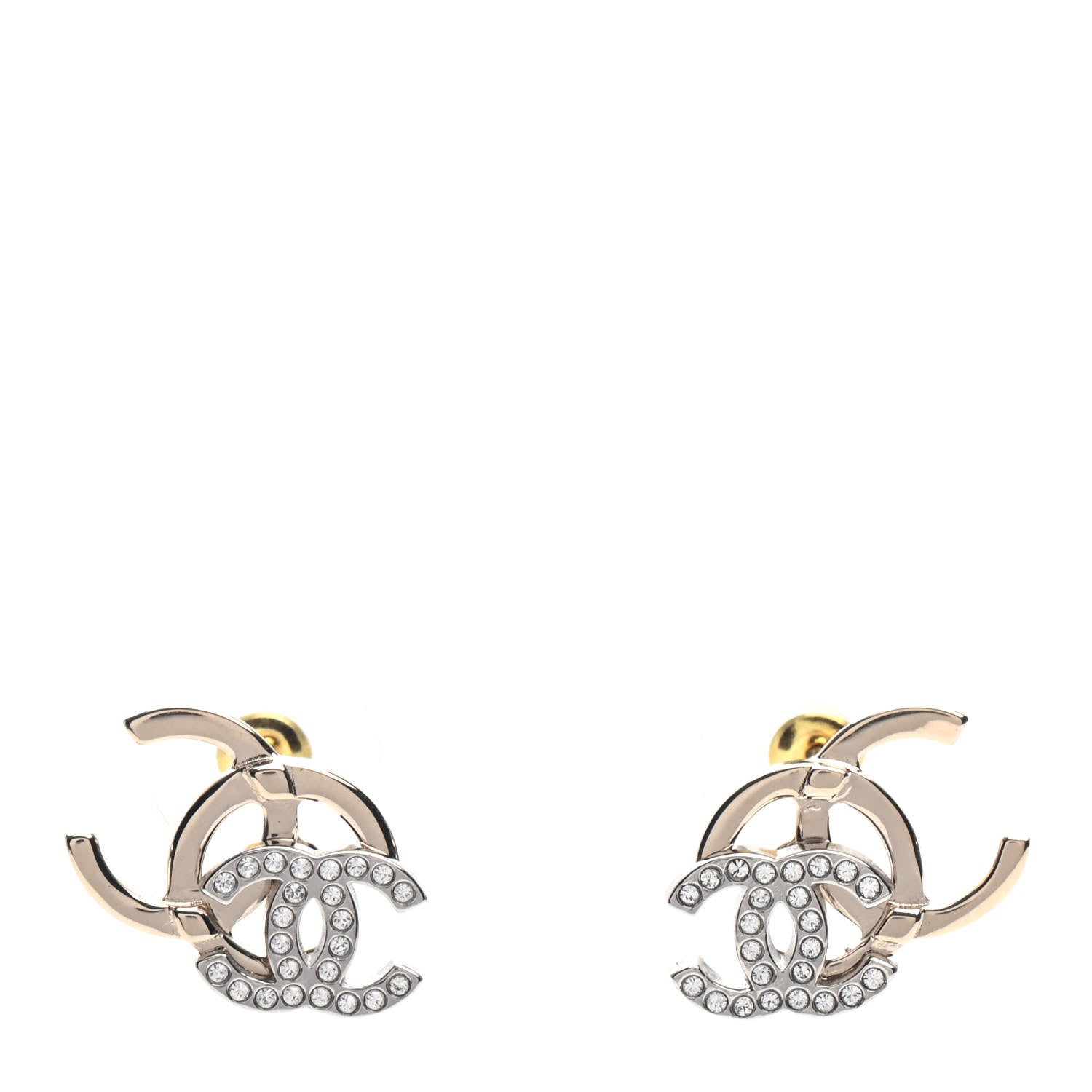 Chanel Crystal Double CC Earrings Gold Silver 1 of 5