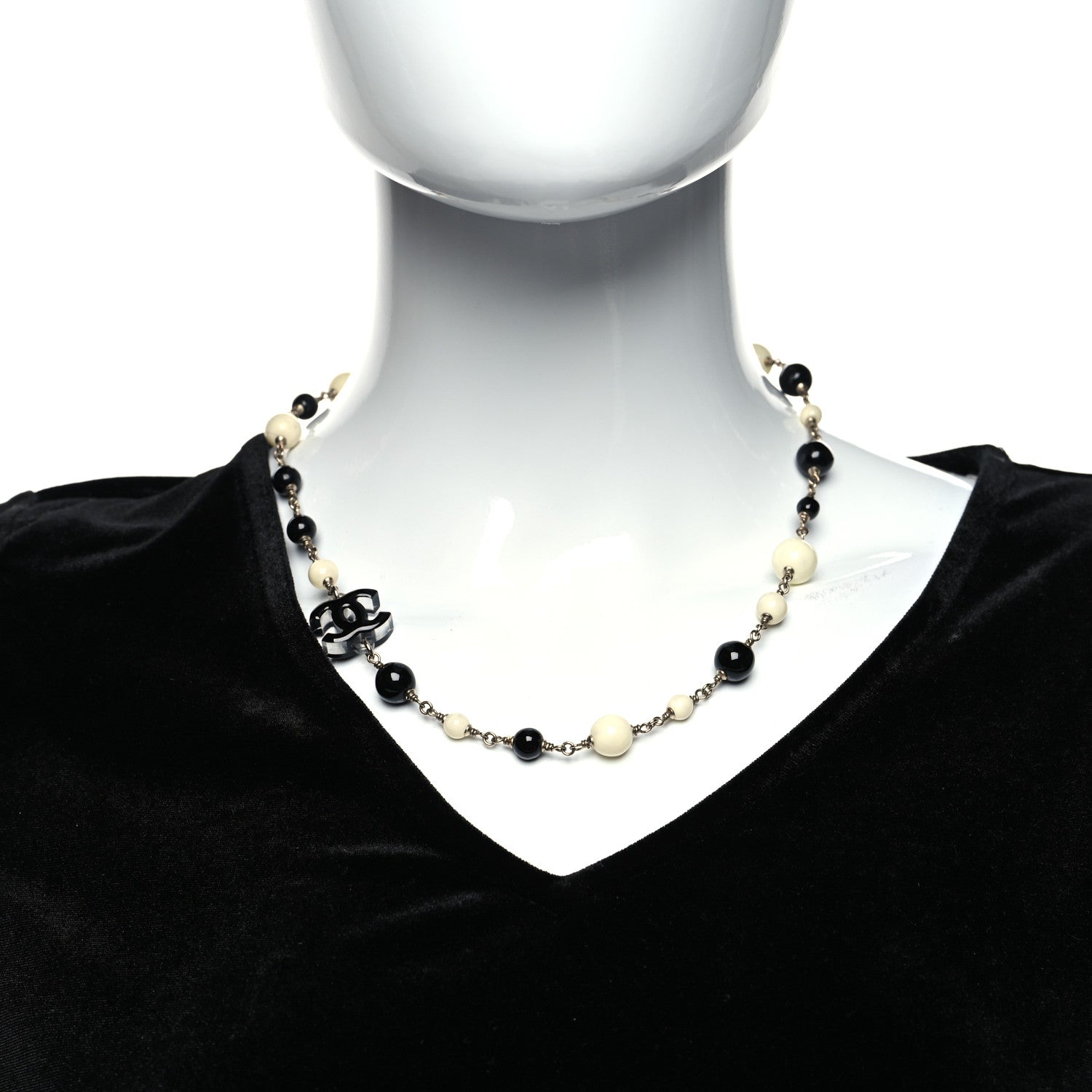 Chanel Pearl Beaded Crystal CC Necklace Gold Black White 2 of 5