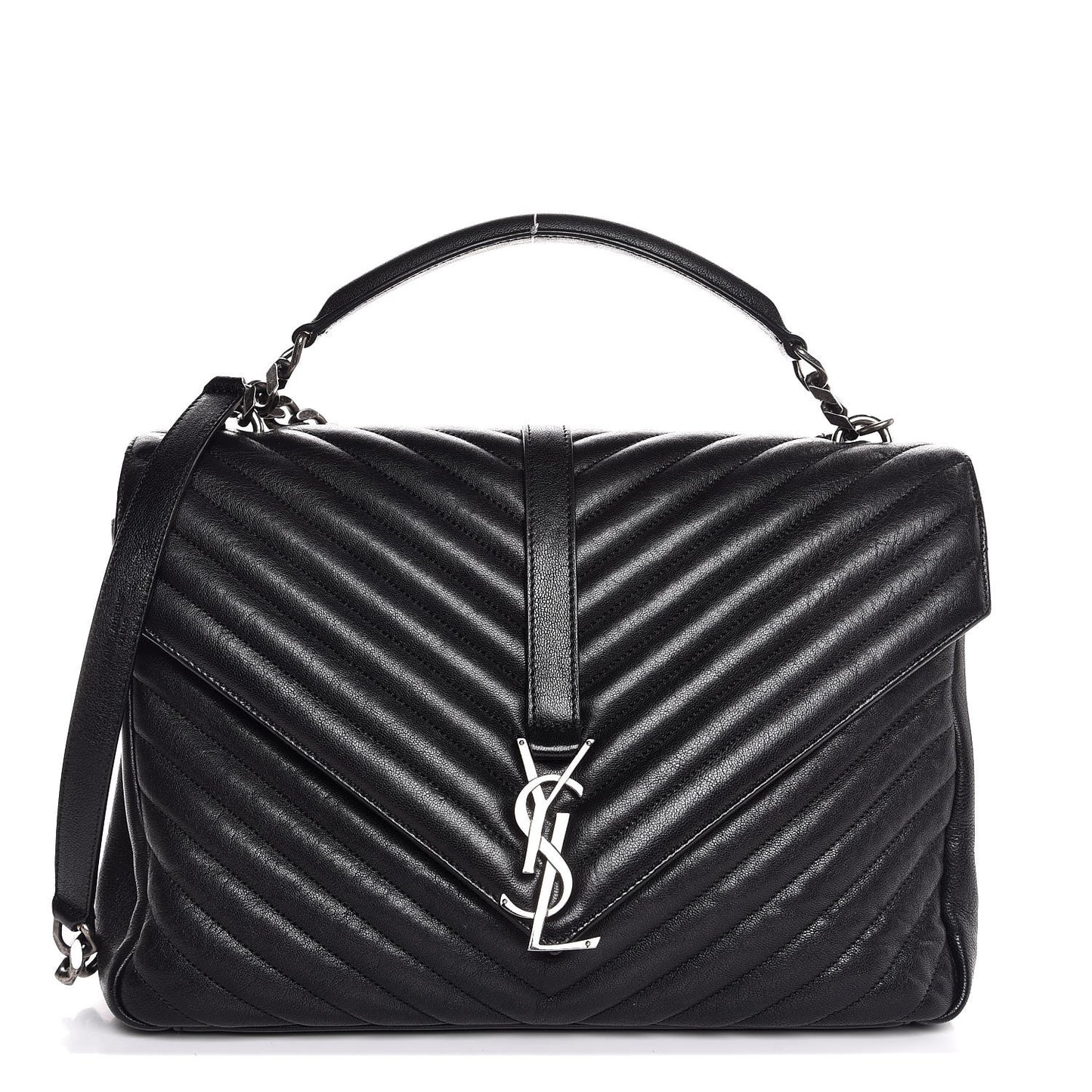 Sheepskin Matelasse Chevron Monogram Large College Satchel Black