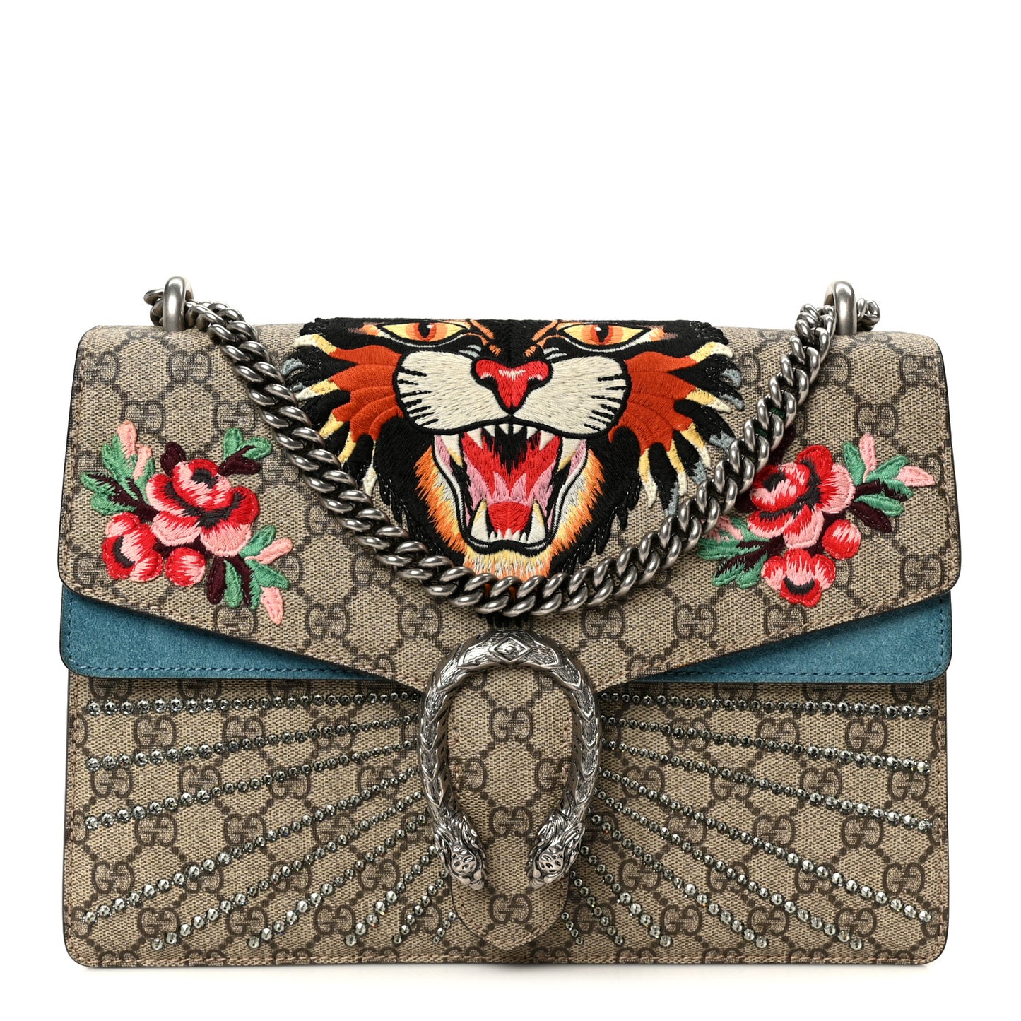 GG Supreme Monogram Angry Cat Embroidered Medium Dionysus Shoulder Bag Beige Ultramarine