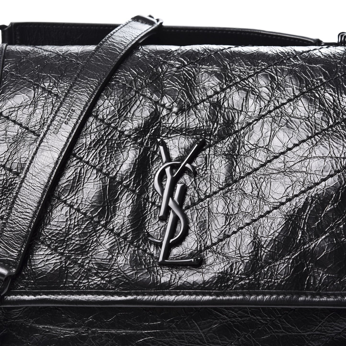 Crinkled Calfskin Matelasse Monogram Medium Niki Chain Satchel Black