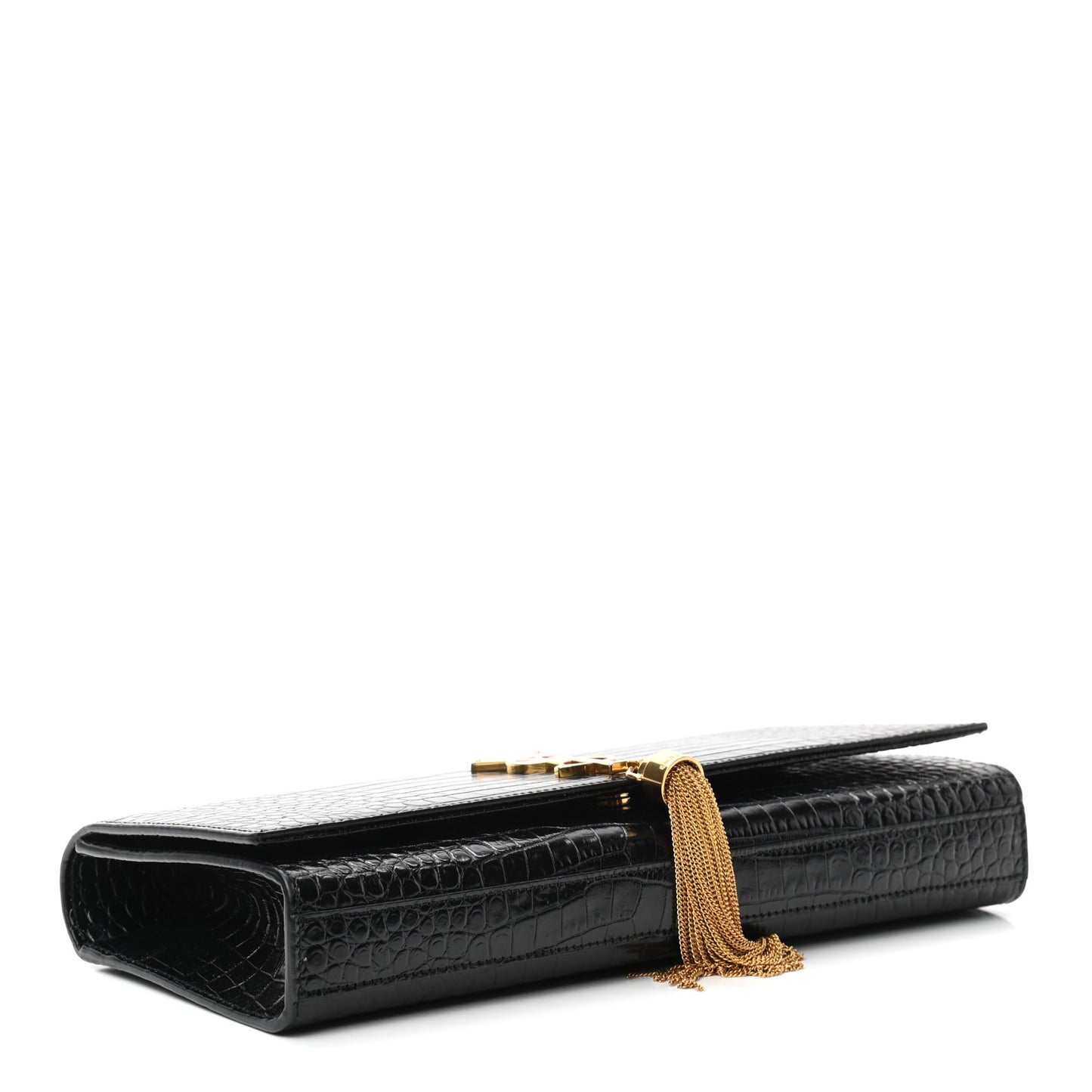 Calfskin Crocodile Embossed Classic Monogram Tassel Clutch Black