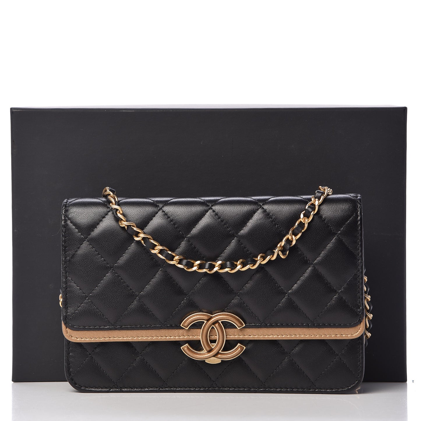 Lambskin Quilted CC Chic Wallet on Chain WOC Black Gold
