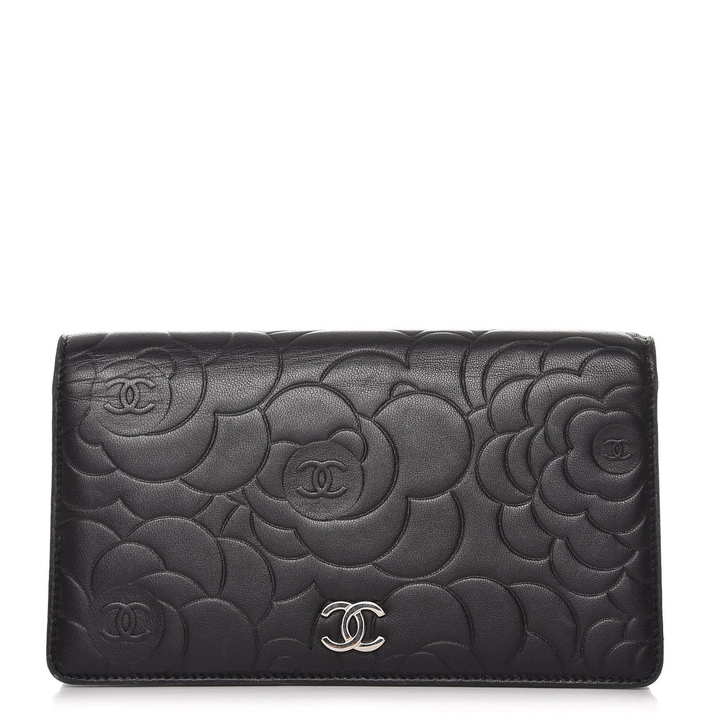 Lambskin Camellia Embossed Yen Wallet Black