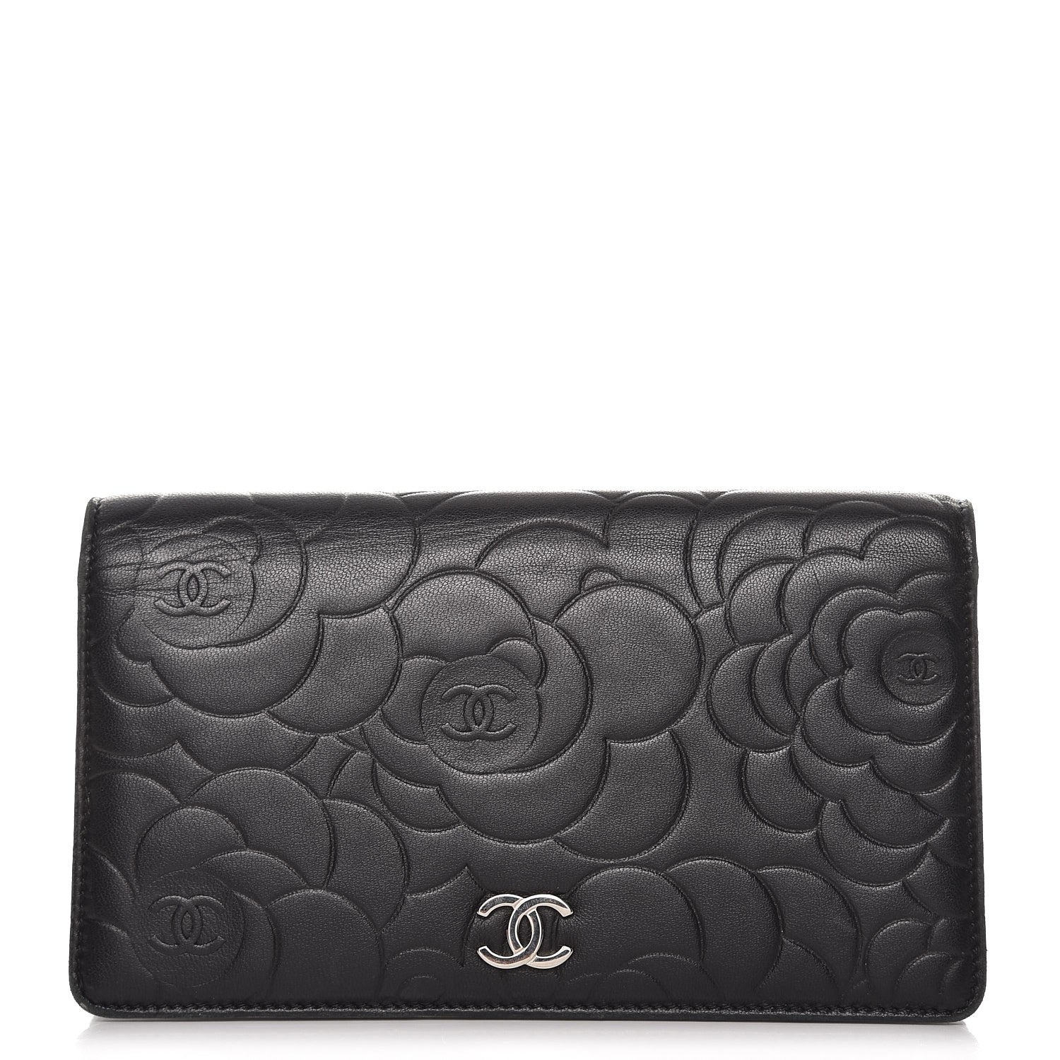 Chanel Lambskin Camellia Embossed Yen Wallet Black 1 of 8
