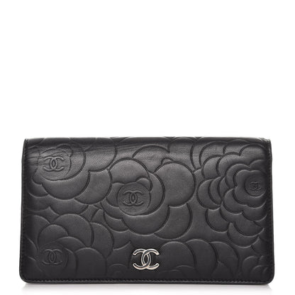 Chanel Lambskin Camellia Embossed Yen Wallet Black 1 of 8
